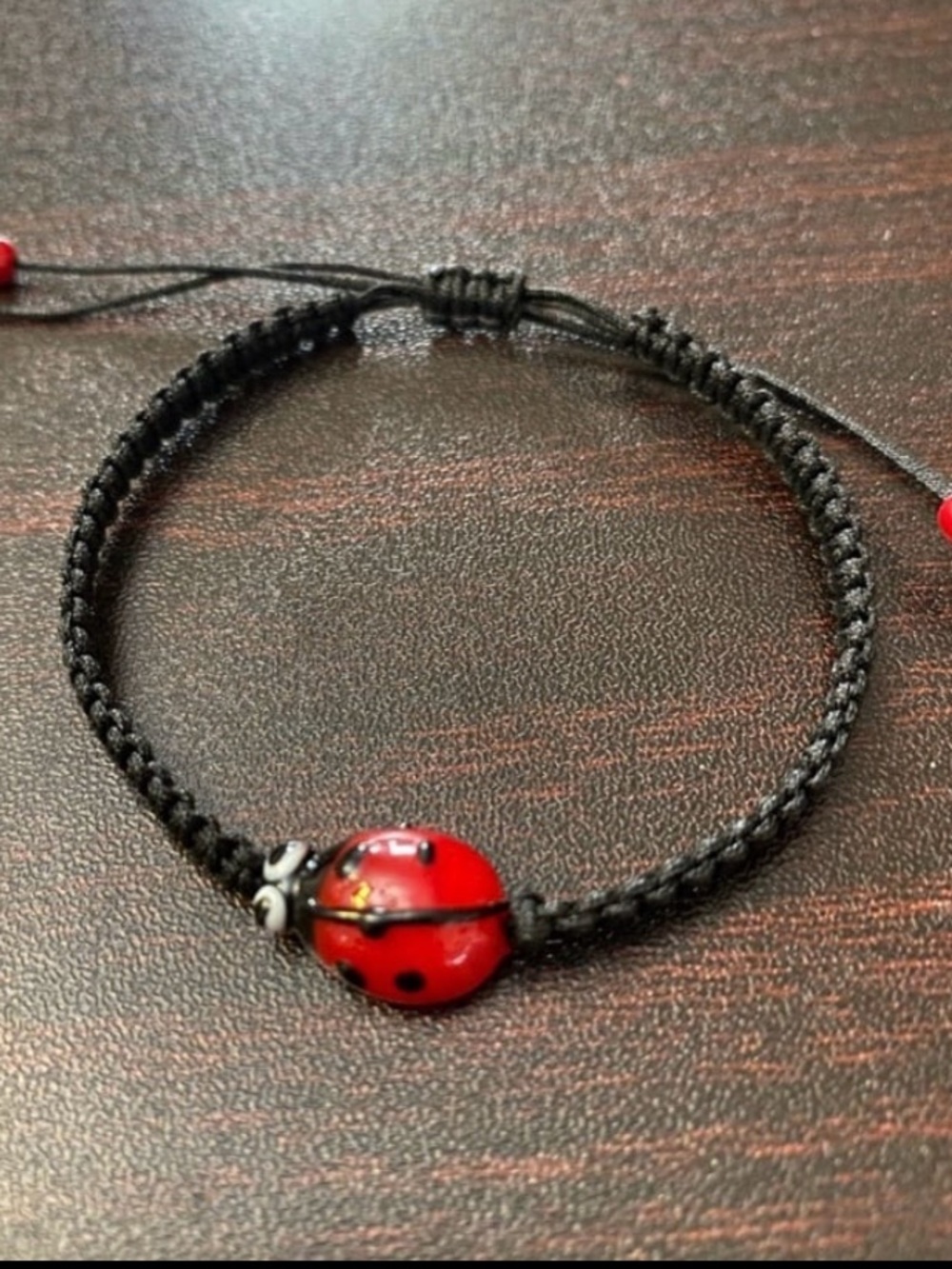 Handmade macrame Black Cord Bracelet with Red Ladybug Bead charm
